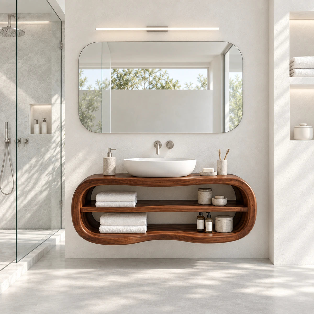 Elegant vanity console in natural solid wood with vessel sink and open storage below