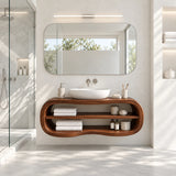 Elegant vanity console in natural solid wood with vessel sink and open storage below