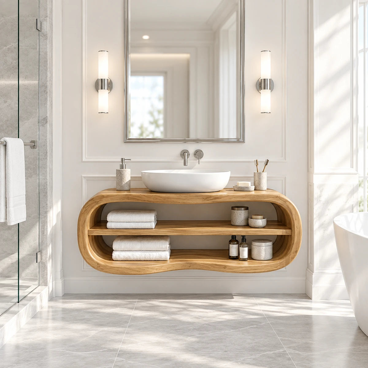 Arched mirror bathroom vanity in natural solid wood with airy shelving below design