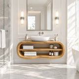 Arched mirror bathroom vanity in natural solid wood with airy shelving below design