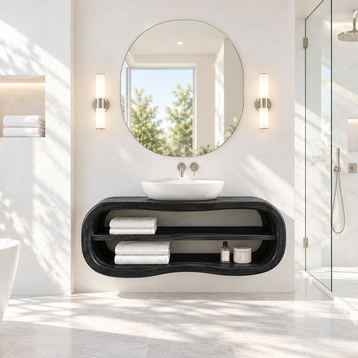 Minimalist vanity unit in natural solid wood with rounded ends and open shelves below