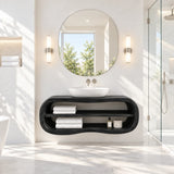 Minimalist vanity unit in natural solid wood with rounded ends and open shelves below