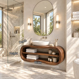 Designer sink vanity in natural solid wood with sculpted frame and shelf space below