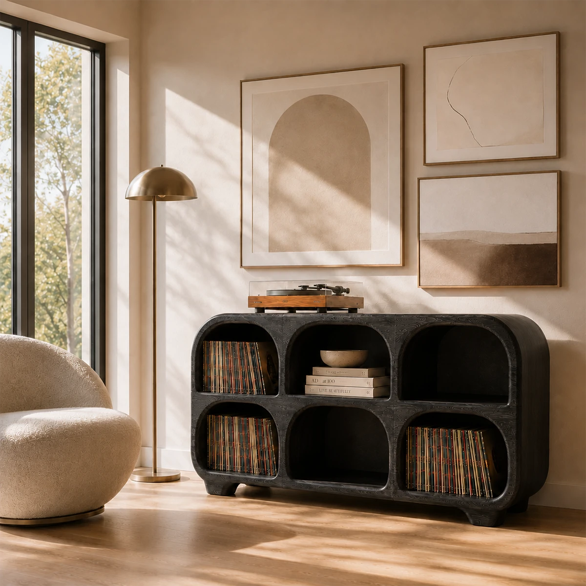 Rounded Natural Solid Wood Record Player Stand With Six Vinyl Cubbies - ArborisWood - 10