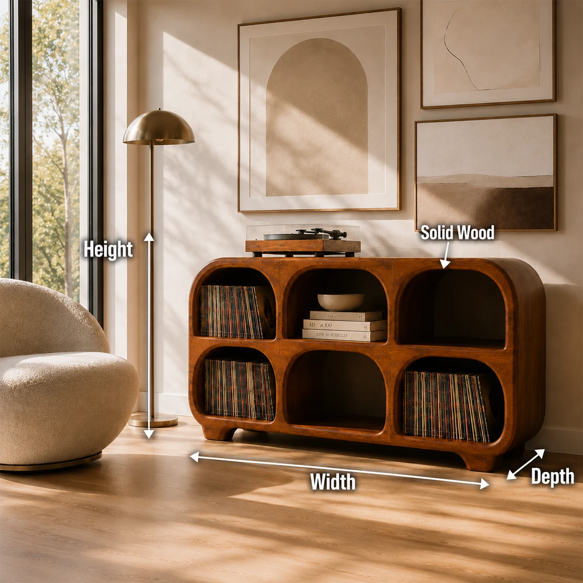 Rounded Natural Solid Wood Record Player Stand With Six Vinyl Cubbies - ArborisWood - 11