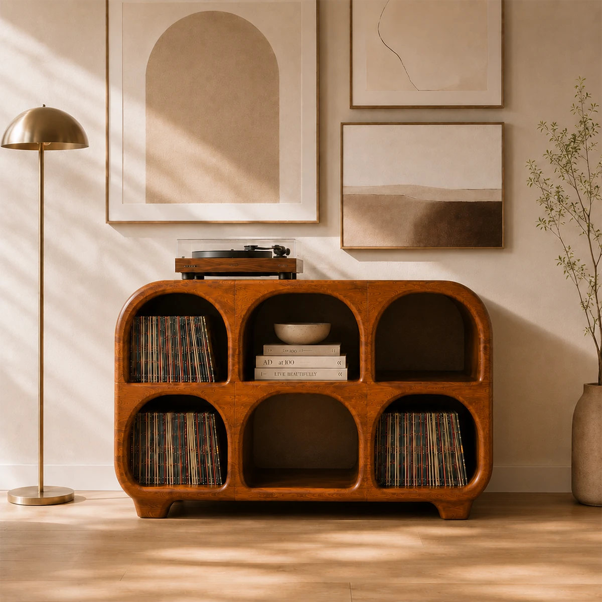 Rounded Natural Solid Wood Record Player Stand With Six Vinyl Cubbies - ArborisWood - 12