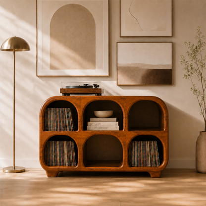 Rounded Natural Solid Wood Record Player Stand With Six Vinyl Cubbies - ArborisWood - 12