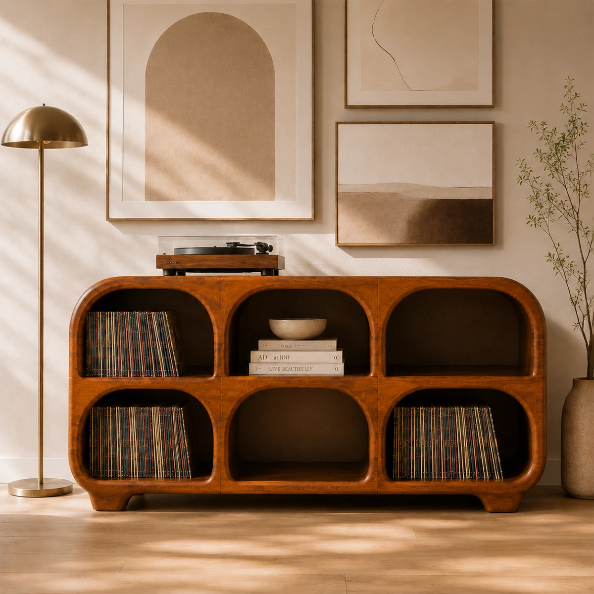 Rounded Natural Solid Wood Record Player Stand With Six Vinyl Cubbies - ArborisWood - 13