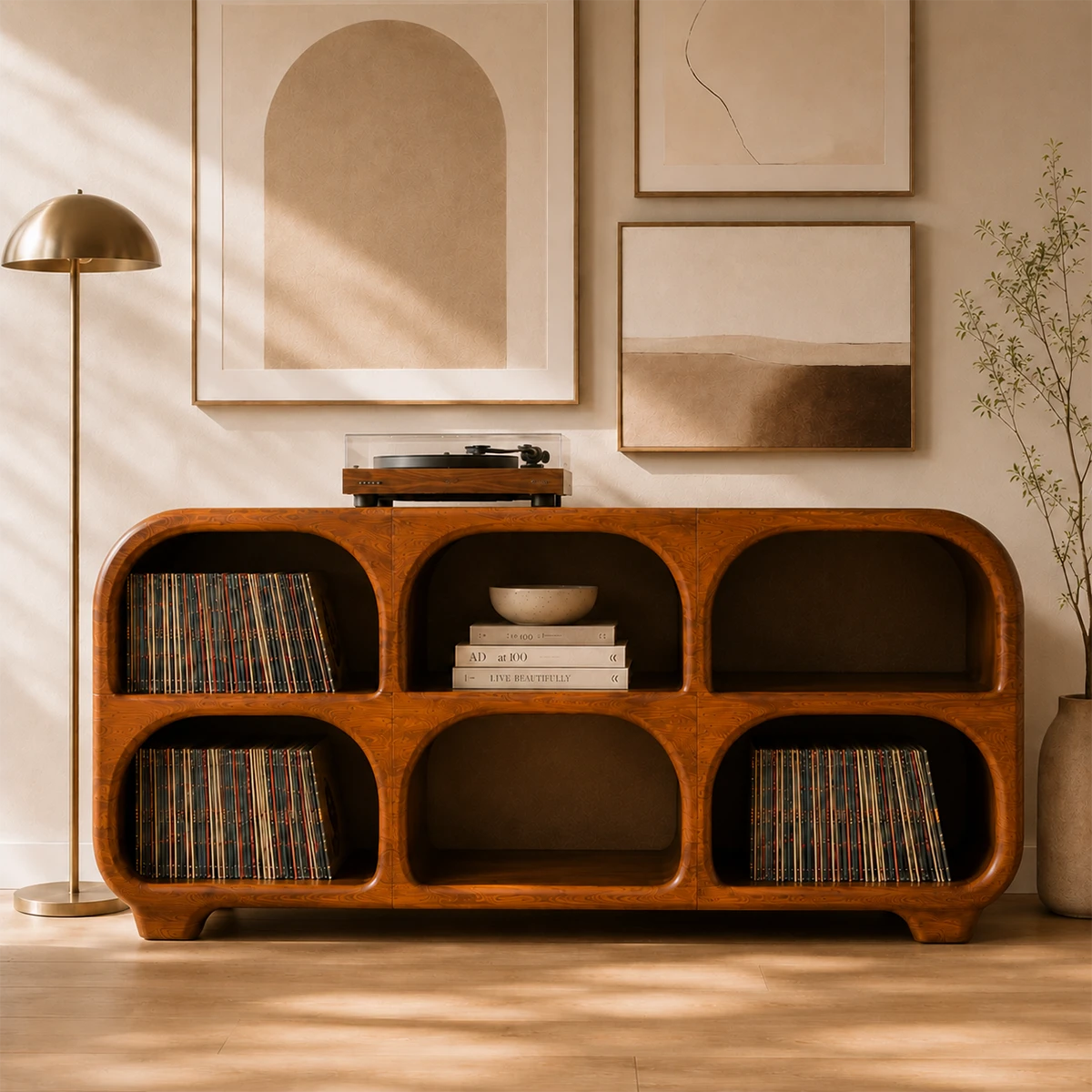 Rounded Natural Solid Wood Record Player Stand With Six Vinyl Cubbies - ArborisWood - 14