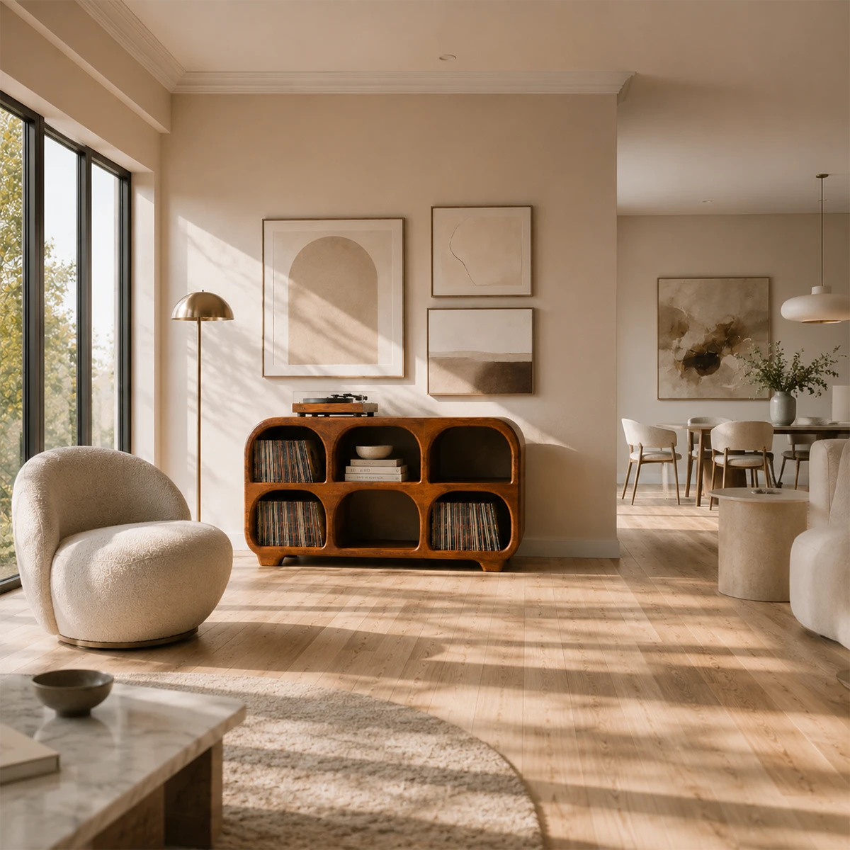 Rounded Natural Solid Wood Record Player Stand With Six Vinyl Cubbies - ArborisWood - 2