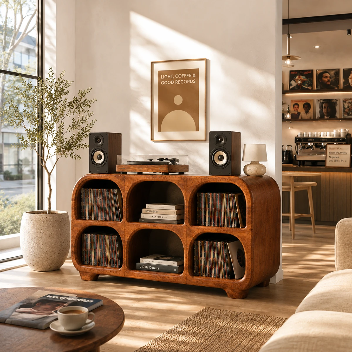 Rounded Natural Solid Wood Record Player Stand With Six Vinyl Cubbies - ArborisWood - 3