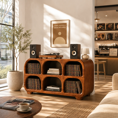 Rounded Natural Solid Wood Record Player Stand With Six Vinyl Cubbies - ArborisWood - 3