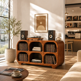 Rounded Natural Solid Wood Record Player Stand With Six Vinyl Cubbies - Arboriswood - 3