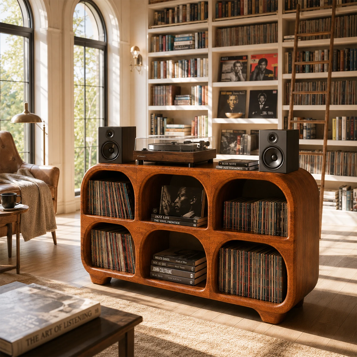Rounded Natural Solid Wood Record Player Stand With Six Vinyl Cubbies - ArborisWood - 4