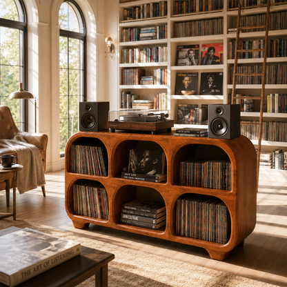 Rounded Natural Solid Wood Record Player Stand With Six Vinyl Cubbies - ArborisWood - 4