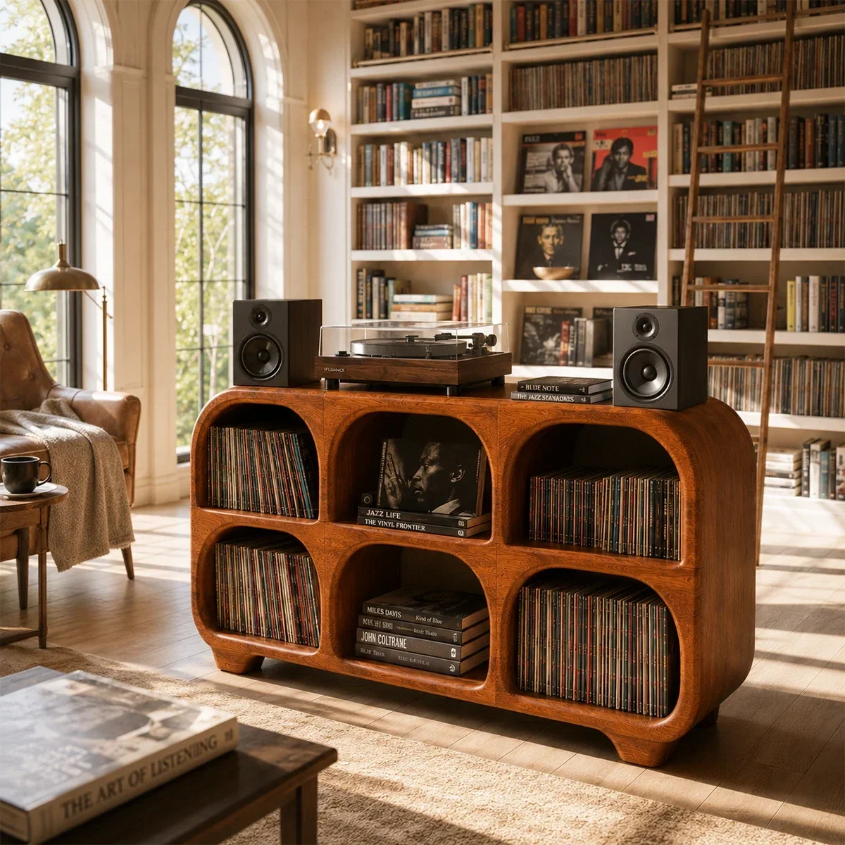 Rounded Natural Solid Wood Record Player Stand With Six Vinyl Cubbies - Arboriswood - 4