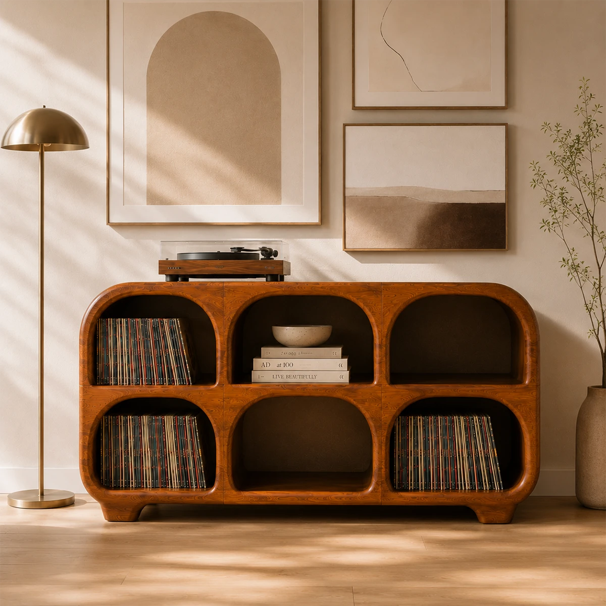 Rounded Natural Solid Wood Record Player Stand With Six Vinyl Cubbies - ArborisWood - 5