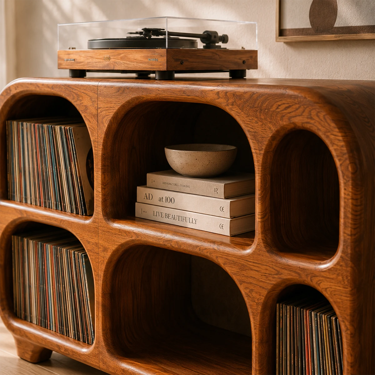 Rounded Natural Solid Wood Record Player Stand With Six Vinyl Cubbies - ArborisWood - 6