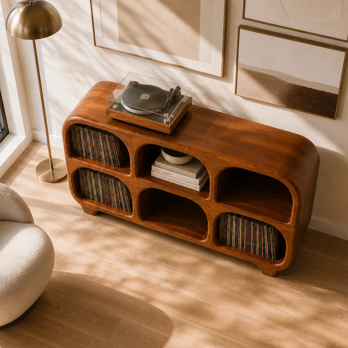 Rounded Natural Solid Wood Record Player Stand With Six Vinyl Cubbies - ArborisWood - 7