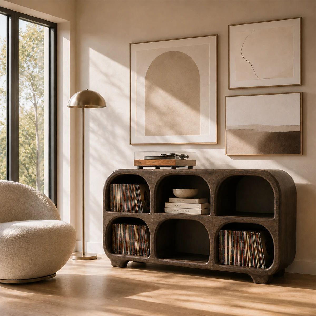 Rounded Natural Solid Wood Record Player Stand With Six Vinyl Cubbies - ArborisWood - 8