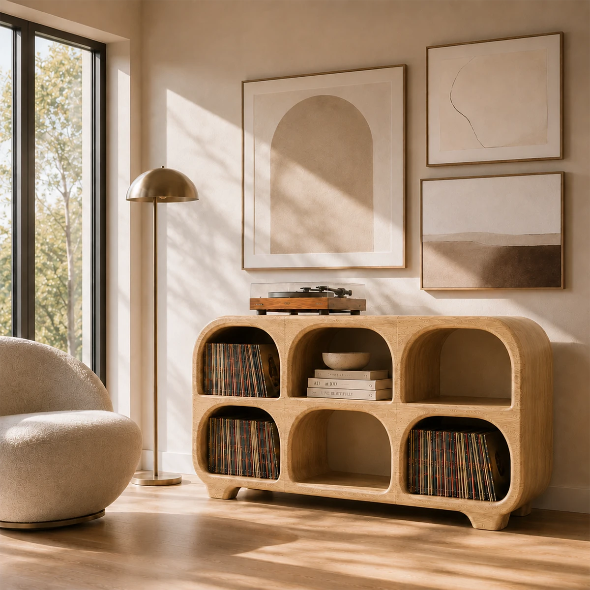 Rounded Natural Solid Wood Record Player Stand With Six Vinyl Cubbies - ArborisWood - 9