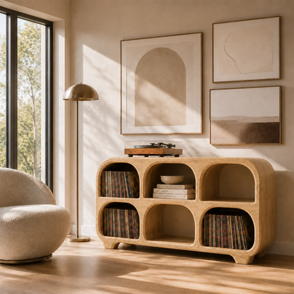 Rounded Natural Solid Wood Record Player Stand With Six Vinyl Cubbies - ArborisWood - 9