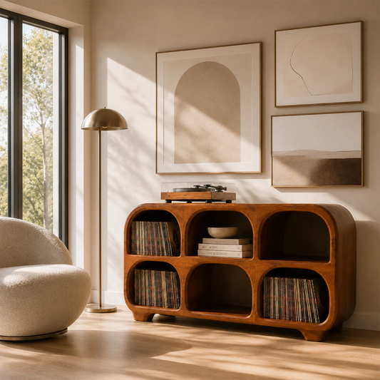 Rounded Natural Solid Wood Record Player Stand With Six Vinyl Cubbies - ArborisWood