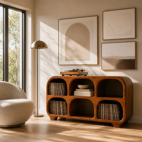 Rounded Natural Solid Wood Record Player Stand With Six Vinyl Cubbies - Arboriswood