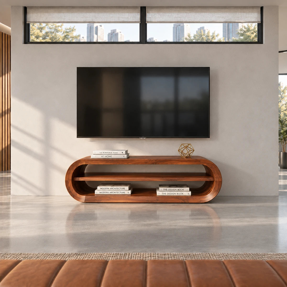 Rounded TV cabinet in natural solid wood with open compartments and clean lines