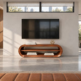 Rounded TV cabinet in natural solid wood with open compartments and clean lines
