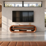 Architectural media cabinet in natural solid wood with a sculptural open frame design