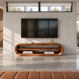 Clean lined entertainment unit in natural solid wood with broad shelf storage space
