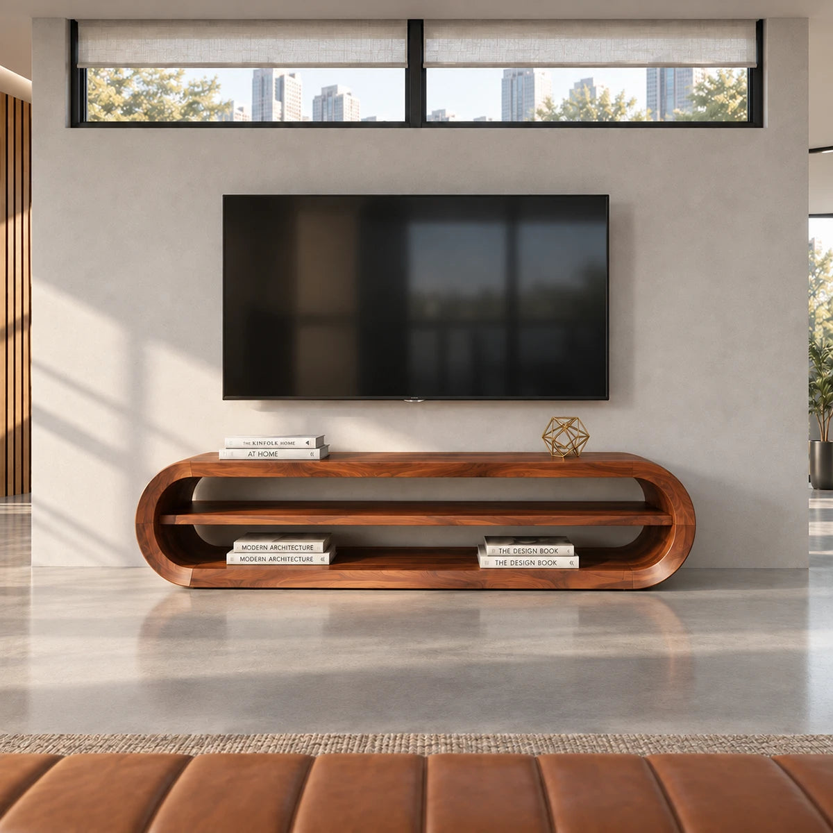 Long modern TV bench in natural solid wood with rounded silhouette and shelves below