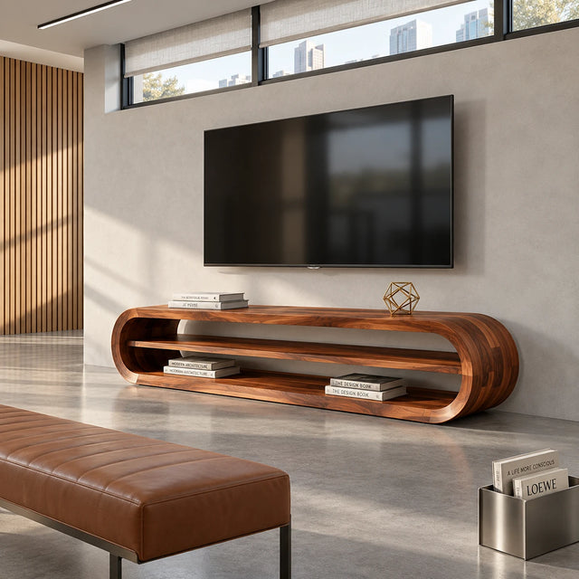 Curved natural solid wood TV stand with open shelves and a long low profile design