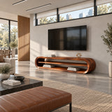Modern media console in natural solid wood with rounded edges and open display space