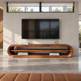 Low profile TV stand in natural solid wood with curved sides and shelf storage below