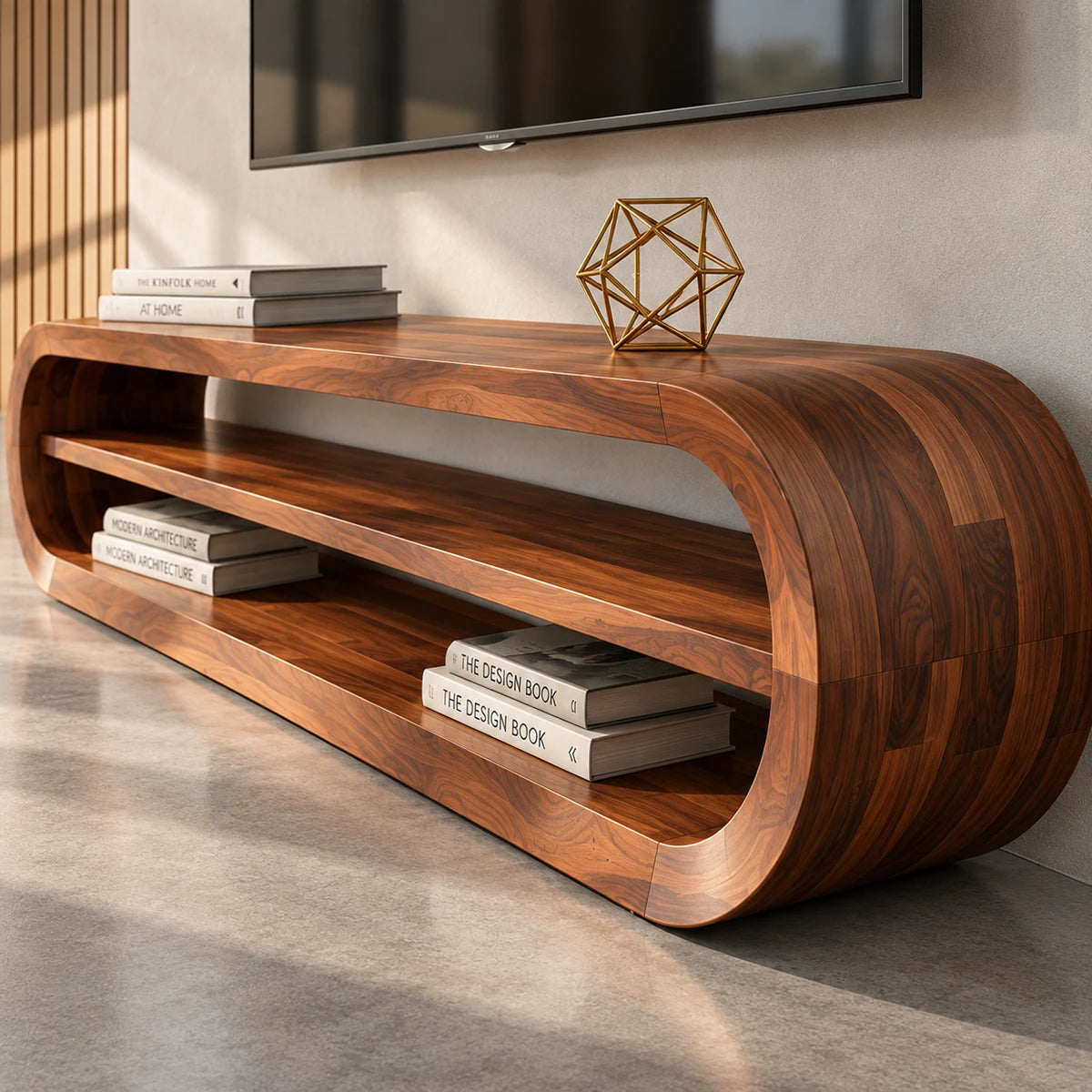 Sleek entertainment center in natural solid wood with open shelves and soft curves