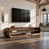 Streamlined media unit in natural solid wood with elongated form and open tiers