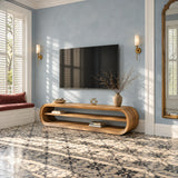 Contemporary television stand in natural solid wood with rounded ends and shelves
