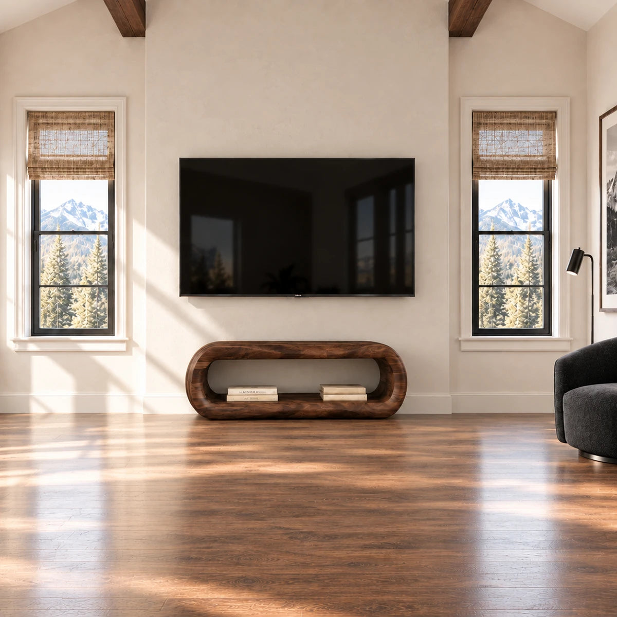 Natural solid wood media unit with a low rounded profile and practical open storage space