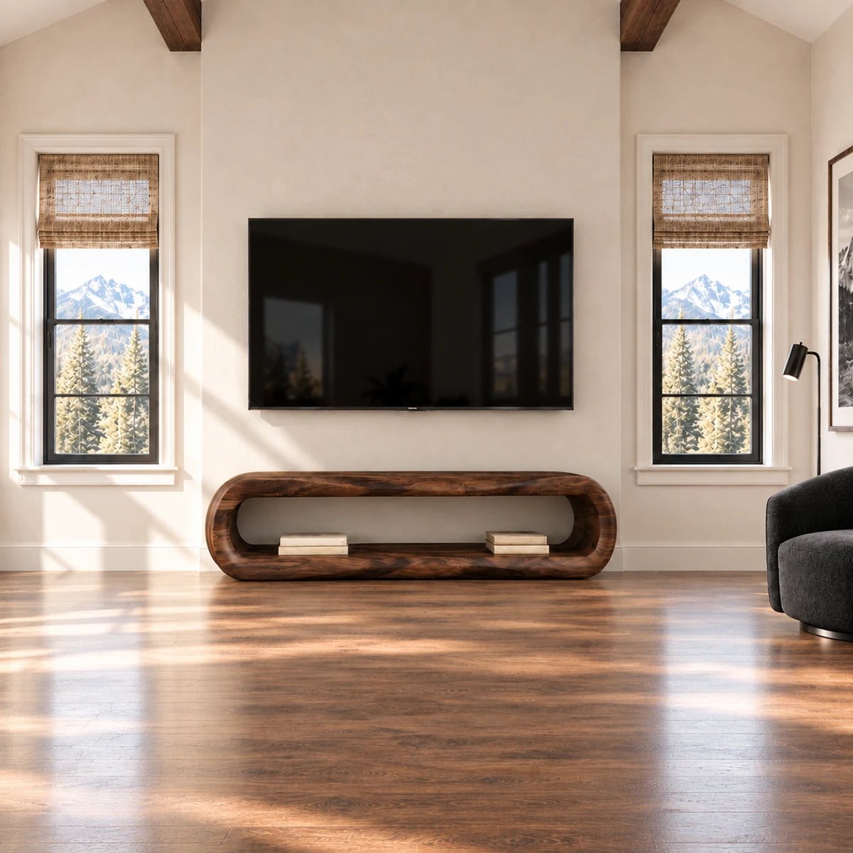 Minimalist media stand with broad open storage and smooth curved edges for modern rooms