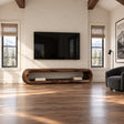 Modern media console in natural solid wood with wide open storage and curved side details
