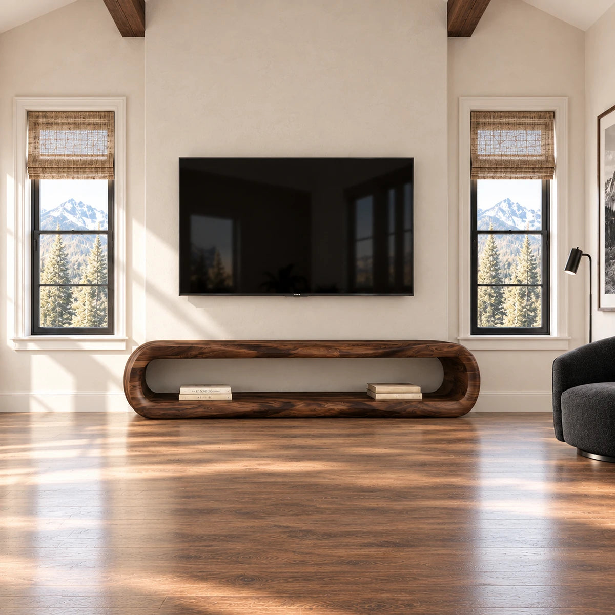 Low profile TV cabinet with a continuous rounded frame and spacious open shelf storage