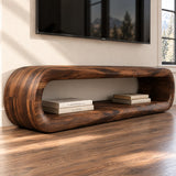 Minimal entertainment unit in natural solid wood with clean lines and open display space