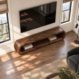 Refined TV console with sculpted rounded ends and long open shelf for books and media