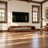 Contemporary media cabinet with open storage and a smooth curved natural wood silhouette