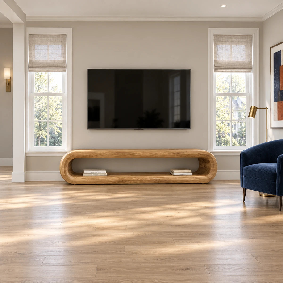 Living room TV stand in natural solid wood with low form and generous open shelf space