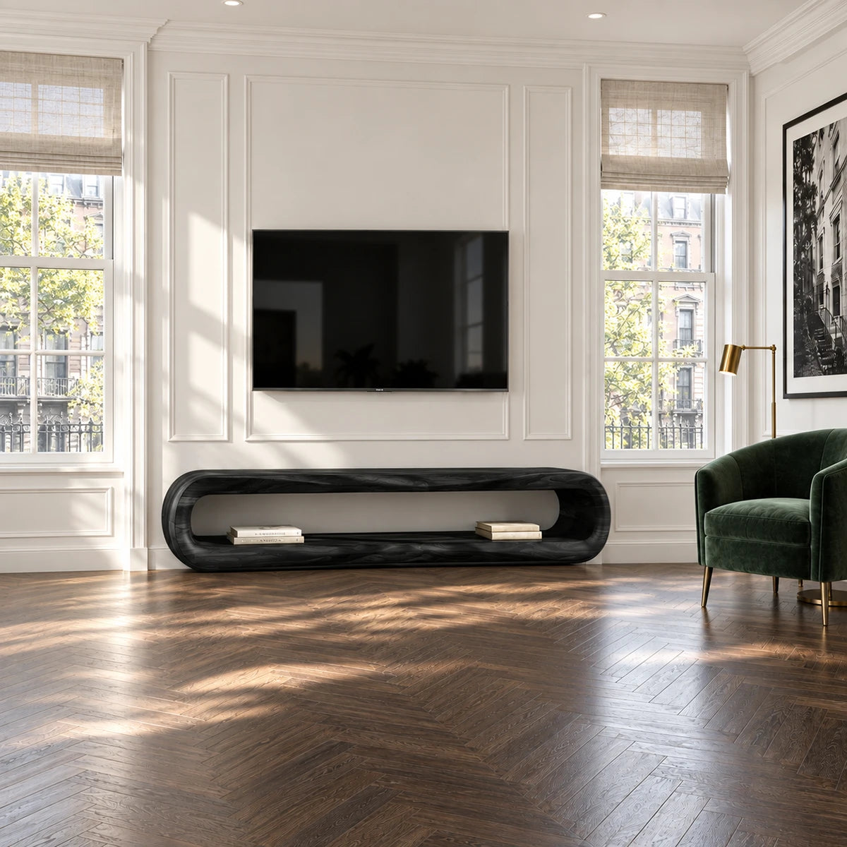 Wide entertainment console with rounded corners and open storage for a modern media setup