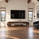 Sculptural TV stand with elongated open shelf and curved frame for a refined interior