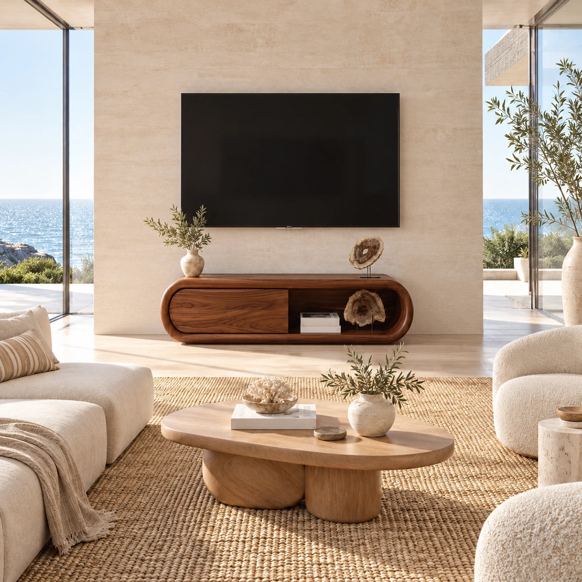 Designer TV stand with open display space and smooth doors for modern home media storage